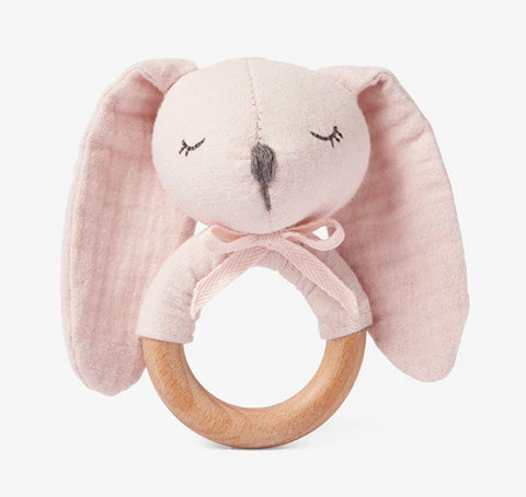 Pale pink bunny  muslin and wood baby rattle