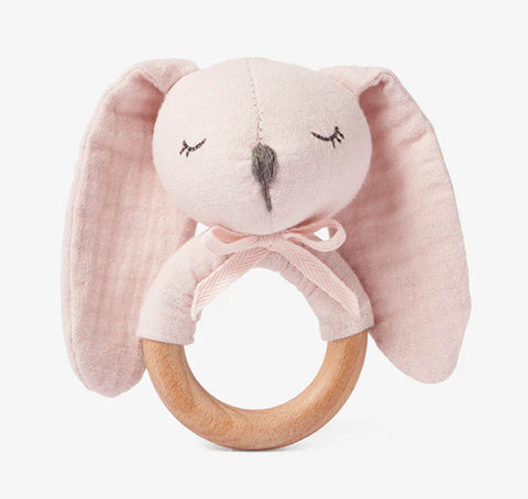 Pale pink bunny muslin and wood baby rattle