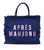 Apres Pickleball and Apres Mahjong Linen fringe totes- available in navy mahjong or white Pickleball