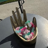 Beaded semi precious Multi tones of pinks and greens necklace hand knotted light blue silk with 14K yellow gold clasp