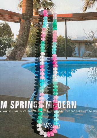 Beaded semi precious Multi tones of pinks and greens necklace hand knotted light blue silk with 14K yellow gold clasp