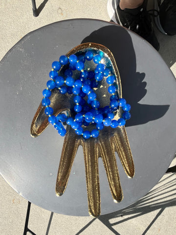 Beaded Natural blue lapis lazuli 30.5” necklace hand knotted green silk with 14K yellow gold clasp