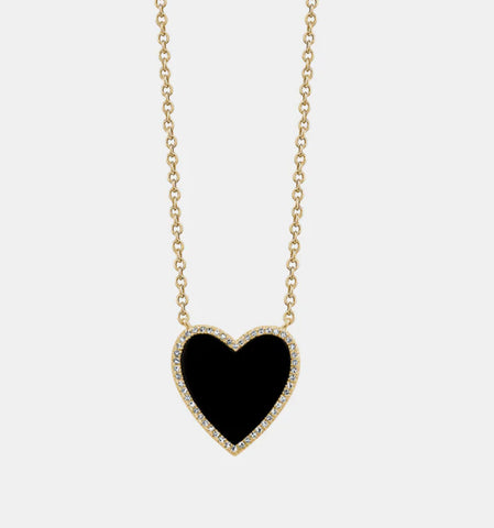 14K yellow gold black onyx heart necklace with diamonds