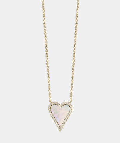 Pointy heart 14K yellow gold mother of pearl necklace with diamonds