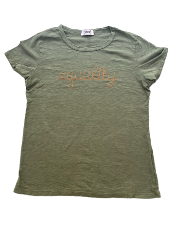 Olive Green Equality Embroidered Cotton Garment Dyed Slub Tee