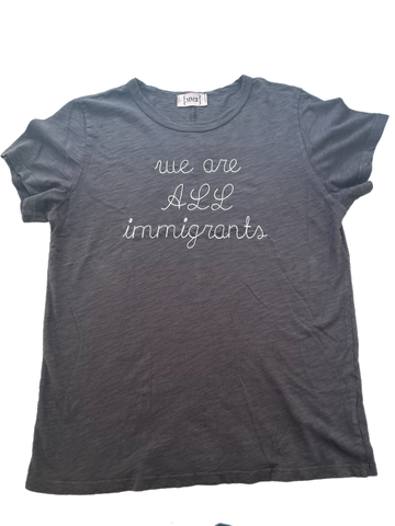 Dark gray We are all Immigrants Embroidered Cotton Garment Dyed Slub Tee