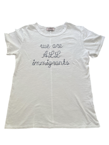White We are all Immigrants Embroidered Cotton Garment Dyed Slub Tee
