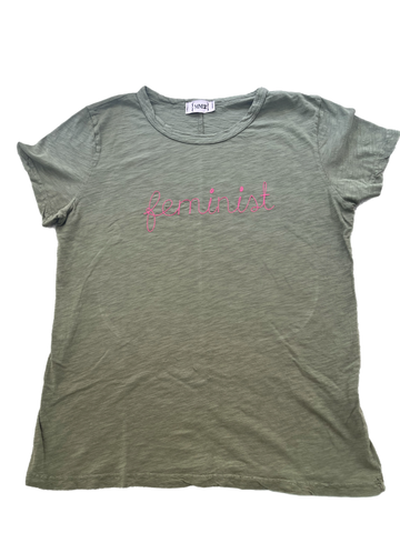 Olive Green Feminist Embroidered Cotton Garment Dyed Slub Tee