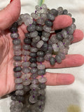 Beaded semi precious cloudy grey quartz 20”necklace hand knotted purple silk with 14K yellow gold clasp
