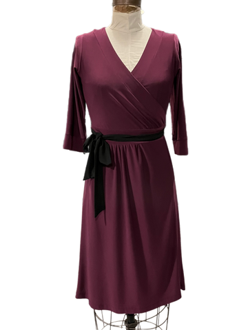 Wrap Jersey Dress with 3/4 sleeves- plum with black trim