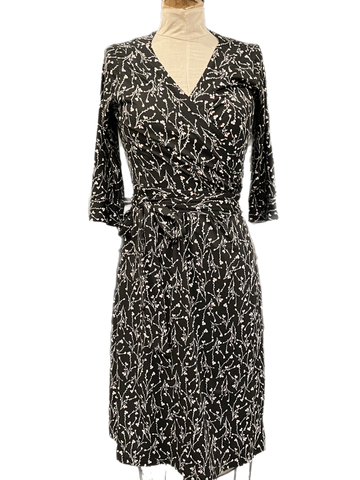 Wrap Jersey Dress with 3/4 sleeves- black vine floral