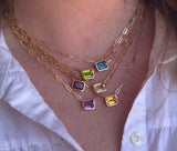 Bezel Set Gemstone 14K Yellow Gold Paper Clip Necklace available in amethyst, citrine, london blue topaz, peridot, topaz