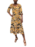 Ruffled Printed Dress with elastic waist and self belt in green and black seeds print