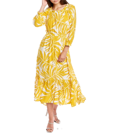 Ruffled Printed Textured Breathable Rayon Crepe Dress with elastic waist and self belt in golden yellow floral print