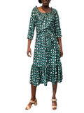 Ruffled Printed Dress with elastic waist and self belt in green and black seeds print