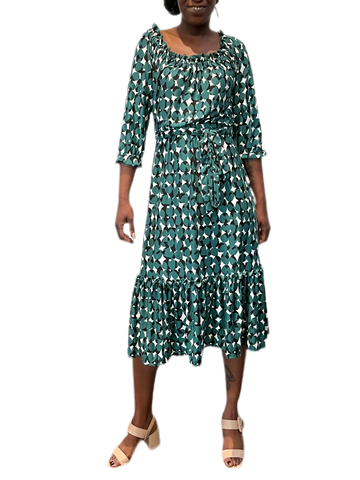 Ruffled Printed Dress with elastic waist and self belt in green and black seeds print