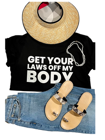 Get your laws off my body short sleeve black t-shirt unisex *a portion of sales are donated to abortionfunds.org