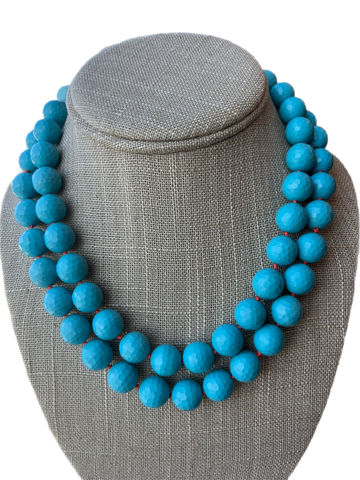 Beaded Turquoise faceted gumball beads necklace hand knotted silk with 14K yellow gold clasp