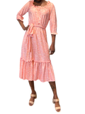 Ruffled Printed Dress with elastic waist and self belt in green and black seeds print