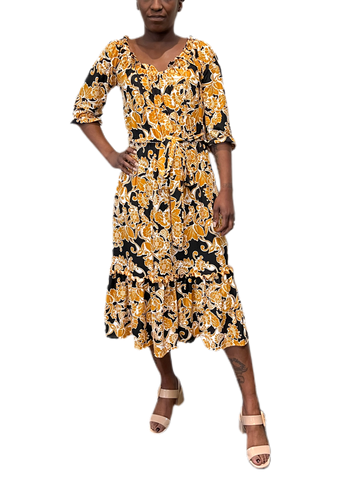 Ruffled Printed Dress with elastic waist and self belt in black and golden yellow scroll print print