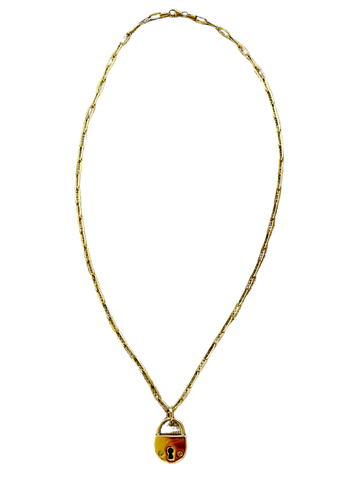 14K yellow gold paperclip necklace with lock charm