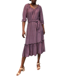 Ruffled Printed Dress with elastic waist and self belt in black and golden yellow scroll print print