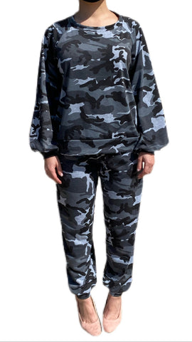 Camo black/grey print soft jersey knit sweatshirt with gathered cuff detail