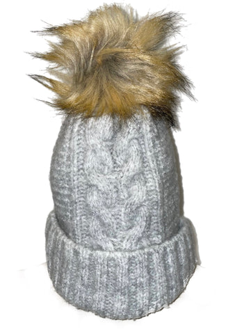 Comfy Cable Knit Beanie w/ Faux Fur Pom Pom * Available in Gray, Black, White, and Pink*