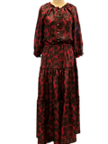 Printed Silk Roses dress with 3/4 sleeves and tired skirt