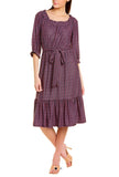 Ruffled Printed Dress with elastic waist and self belt in black/purple/pink tile print print