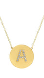 Diamond letter set in 14k matte gold disk necklace
