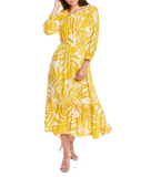 Ruffled Printed Dress with elastic waist and self belt in black and golden yellow scroll print print