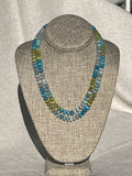 Beaded semi precious Multi tones of greens and blues necklace hand knotted purple silk with 14K yellow gold clasp