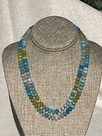 Beaded semi precious Multi tones of greens and blues necklace hand knotted purple silk with 14K yellow gold clasp