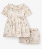 Taupe cotton gauze birthday print dress with matching bloomer 6-9 months