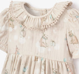 Taupe cotton gauze birthday print dress with matching bloomer 6-9 months