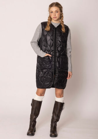 Long quilted vest available in black, olive green and grey