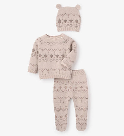 Acorn Fairisle Sweater, Footed Pant + Hat Set 3pc