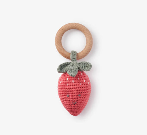Strawberry Hand-Crocheted Wood Ring Rattle