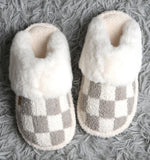 Cozy Check slippers available in taupe and black