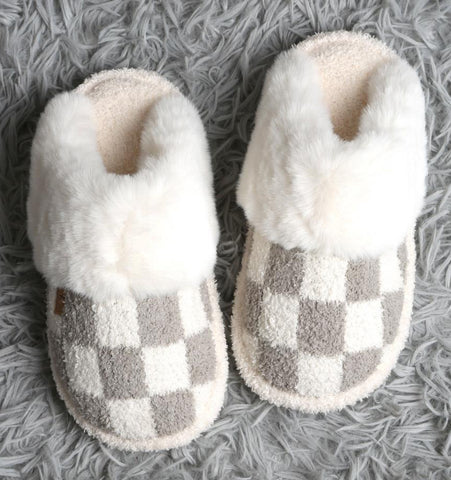 Cozy Check slippers available in taupe and black