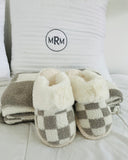 Cozy Check slippers available in taupe and black