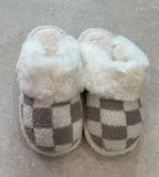 Cozy Check slippers available in taupe and black