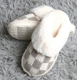 Cozy Check slippers available in taupe and black