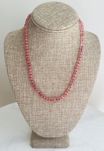 Cherry Quartz Beaded semi precious  necklace hand knotted royal blue silk with 14K yellow gold clasp