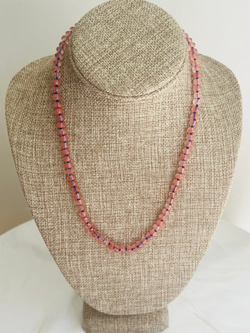 Cherry Quartz Beaded semi precious  necklace hand knotted royal blue silk with 14K yellow gold clasp