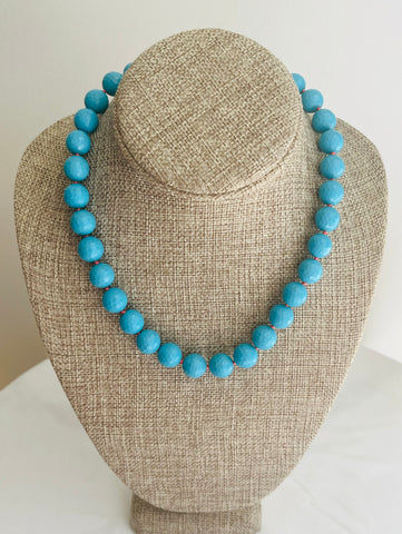 Beaded Turquoise faceted gumball beads necklace 18” hand knotted silk with 14K yellow gold clasp