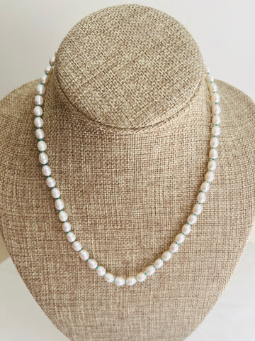 Sea Pearl necklace hand knitted with Tiffany blue silk 14K yellow gold clasp