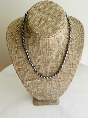 Grey Sea Pearl necklace hand knitted with Purple silk 14K yellow gold clasp