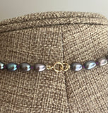Grey Sea Pearl necklace hand knitted with Purple silk 14K yellow gold clasp